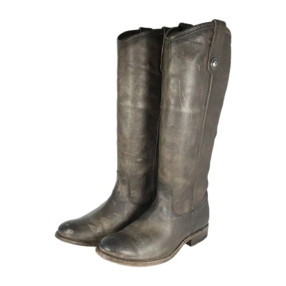 FRYE Women's Melissa Button US6,5B Brown Distresse Leather Pull On Riding Boots